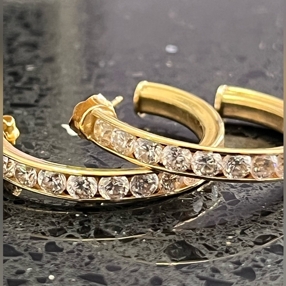 Channel set brilliant round cut CZ diamond hoop earrings gold dangle drop ladies